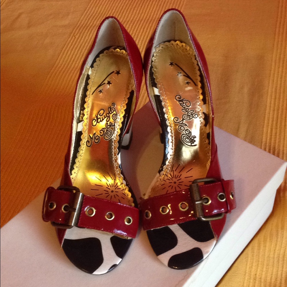 Brand new patent red cow print chunky heels